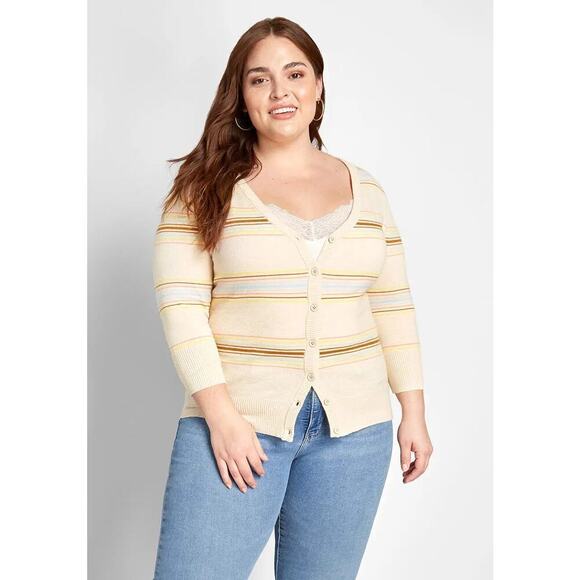 ModCloth Tan Striped V-Neck 3/4 Sleeve Button Front Cardigan Women's Size Large - Picture 1 of 12